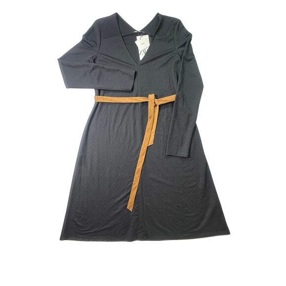 ZARA Black Long Sleeve Midi Dress with Camel Suede Belt NWT Size Small - Picture 2 of 12